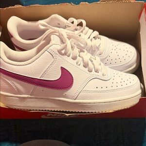 Nike White Sneakers with Purple Swoosh